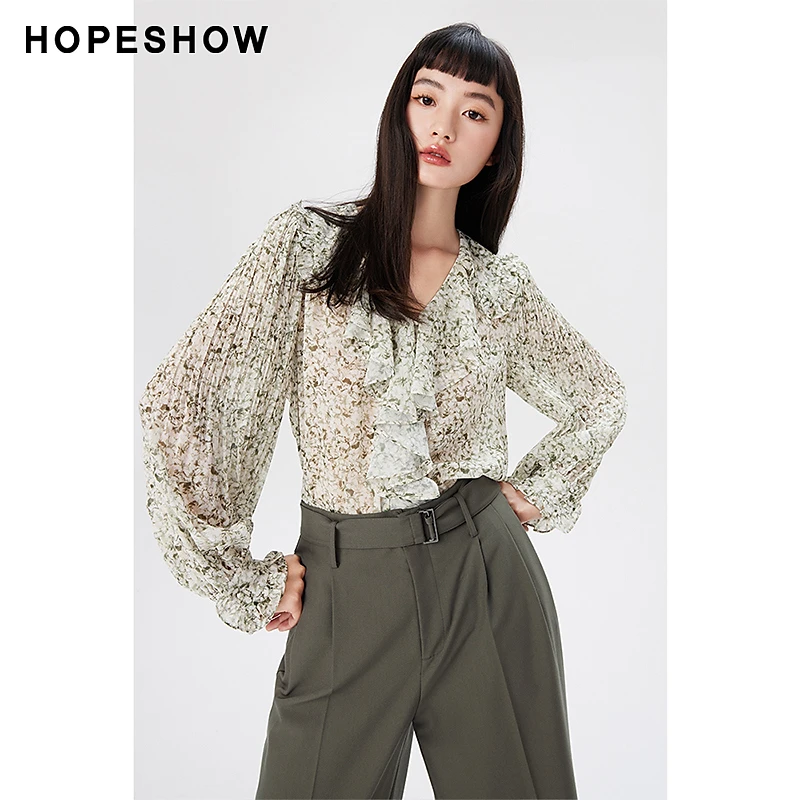 红袖秋季2023新款女装 碎花系带荷叶边V领雪纺上衣89123292002