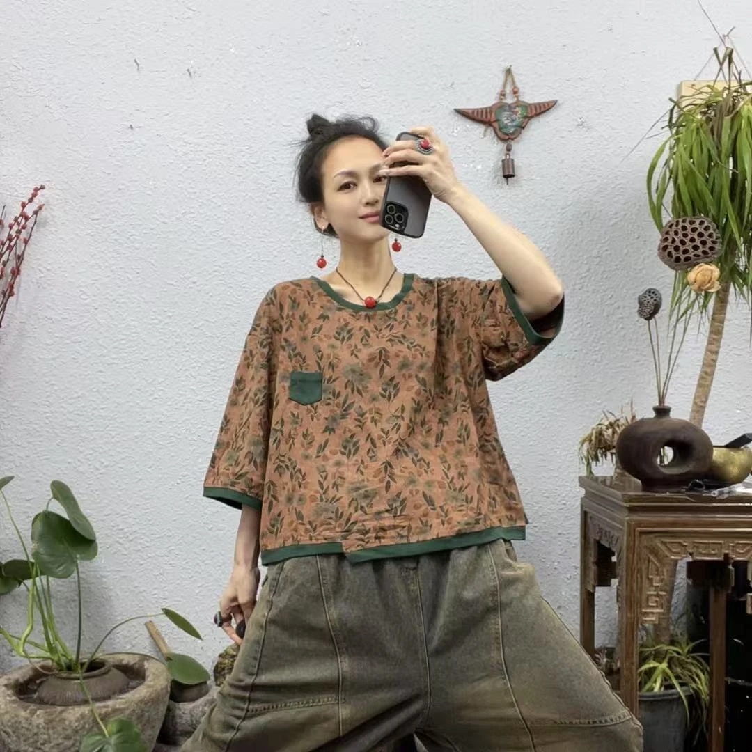 868边拼绿色下摆不规则树叶花大版上衣（长54-56胸围122