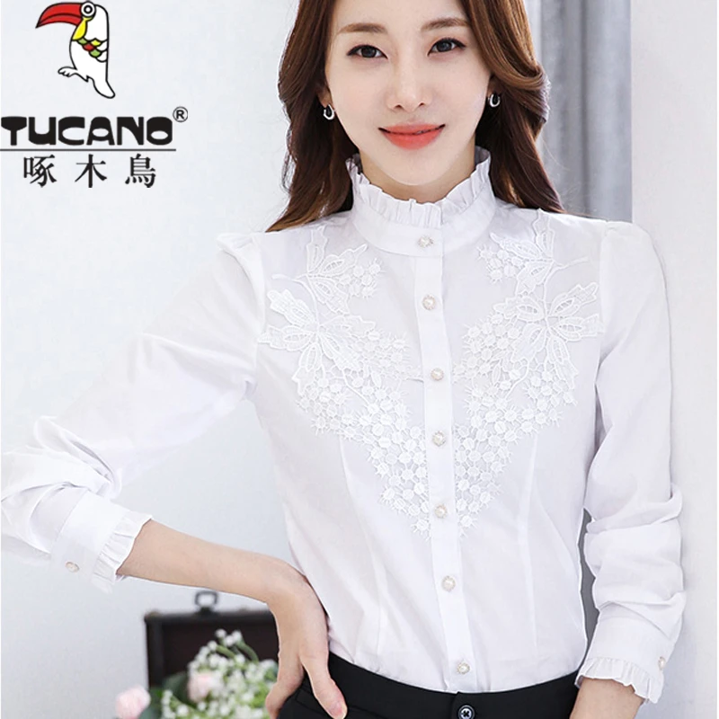 TUCANO/啄木鳥纯棉立领加绒厚衬衫女长袖保暖春秋冬蕾丝打底衬衣