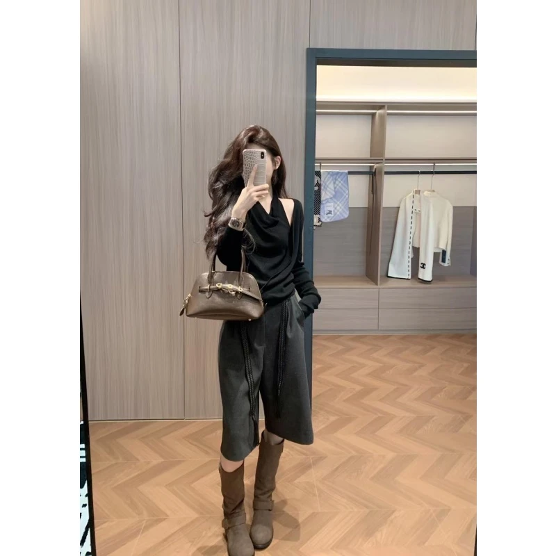 法式小性感挂脖领拼接假两件设计休闲百搭针织上衣西装休闲阔腿裤