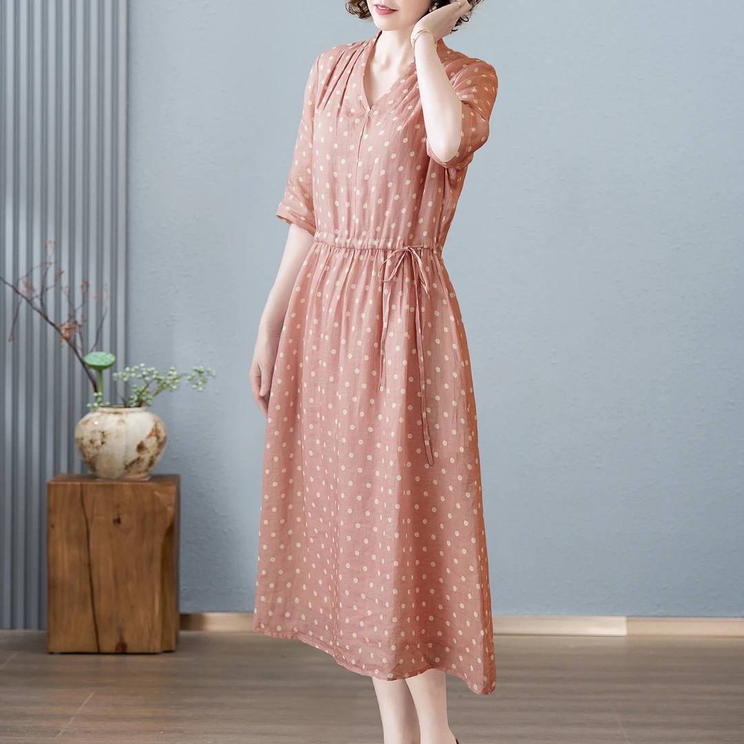 韩穆妈妈品牌圆点连衣裙女2025夏季新款高档透气苎麻宽松大码裙子