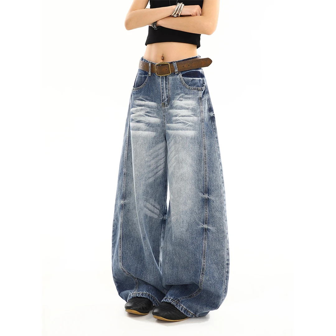 美式高街水洗猫须弯刀牛仔裤女夏季新款宽松直筒阔腿拖地镰刀裤子