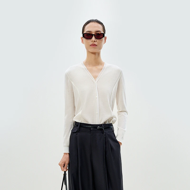 【商场同款】LESS2025春新款V领含羊绒拼接开衫针织衫2P3314170