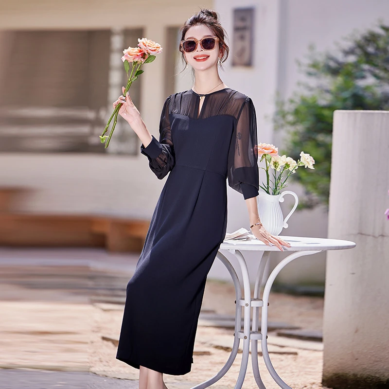 2025秋季新款黑色设计感拼接连衣裙女修身气质通勤中长裙SY2566