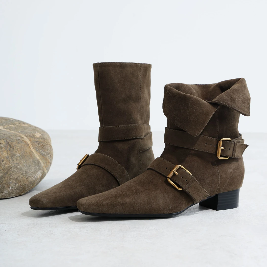 小众设计复古短靴方头西部靴中筒靴女靴靴子秋新款漂亮