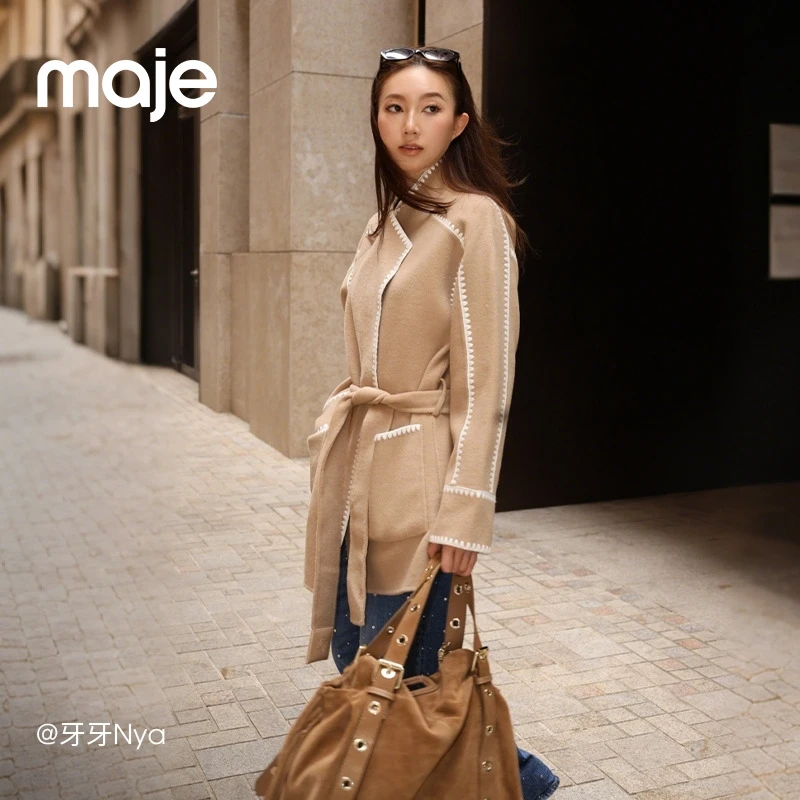 Maje2025秋冬新款女装法式时尚系带收腰驼色毛呢外套MFPOU01422
