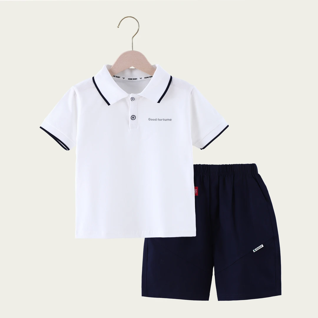 宝宝透气男童短袖翻领纯色夏季学院风T恤polo时尚洋气女童套装