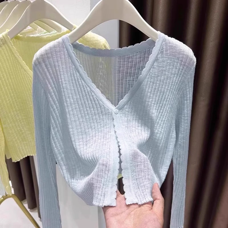 蓝色薄款针织冰丝开衫女夏吊带裙外搭空调衫防晒小披肩上衣女罩衫