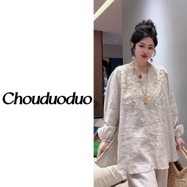 Chouduoduo 刺绣钉珠宽松法式复古苎麻气质上衣