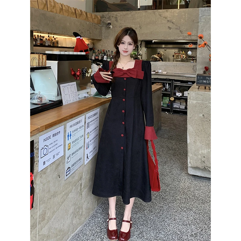 大码女装秋季法式赫本风气质收腰连衣裙胖mm甜美蝴蝶结黑色长裙子