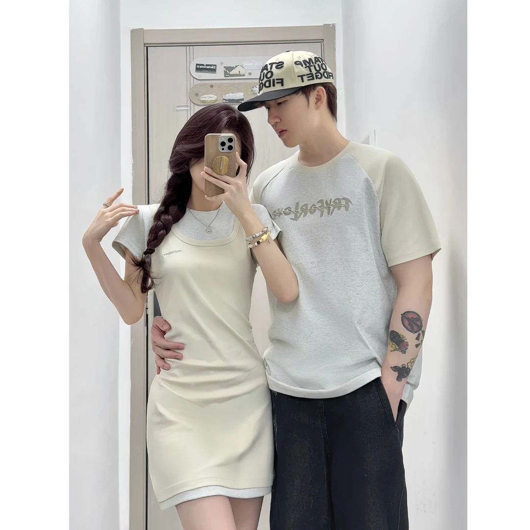 小众设计感情侣装夏季韩版短袖衬衫男女连衣裙法式一裙一衣ins潮