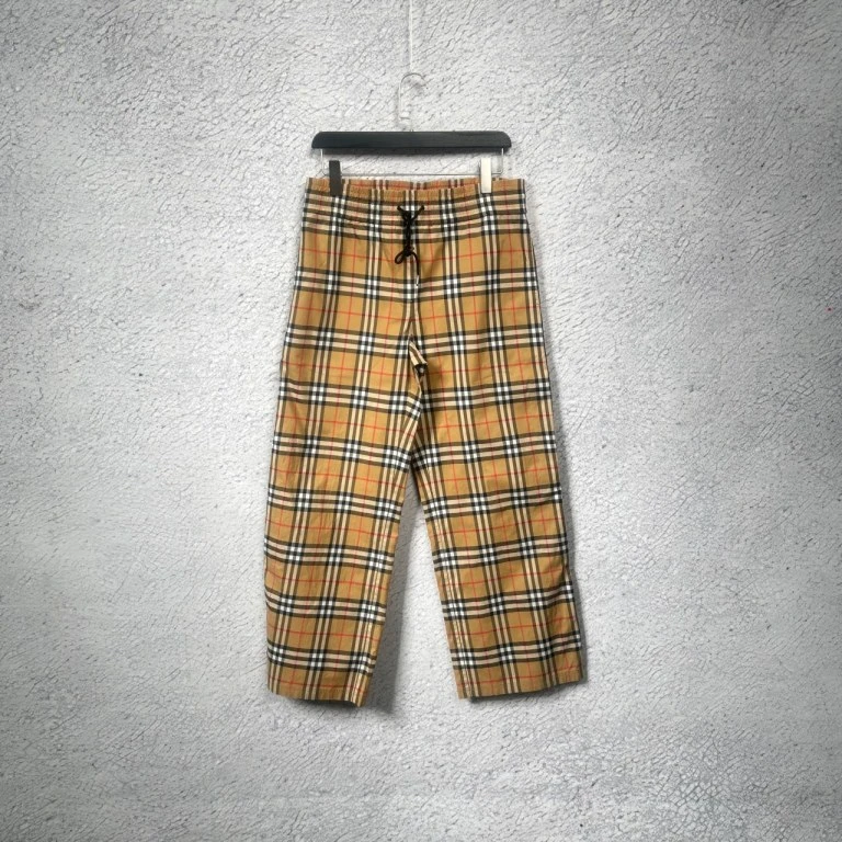 99新 BURBERRY/博柏利 经典格纹黑色丝绸侧边休闲长裤/38码