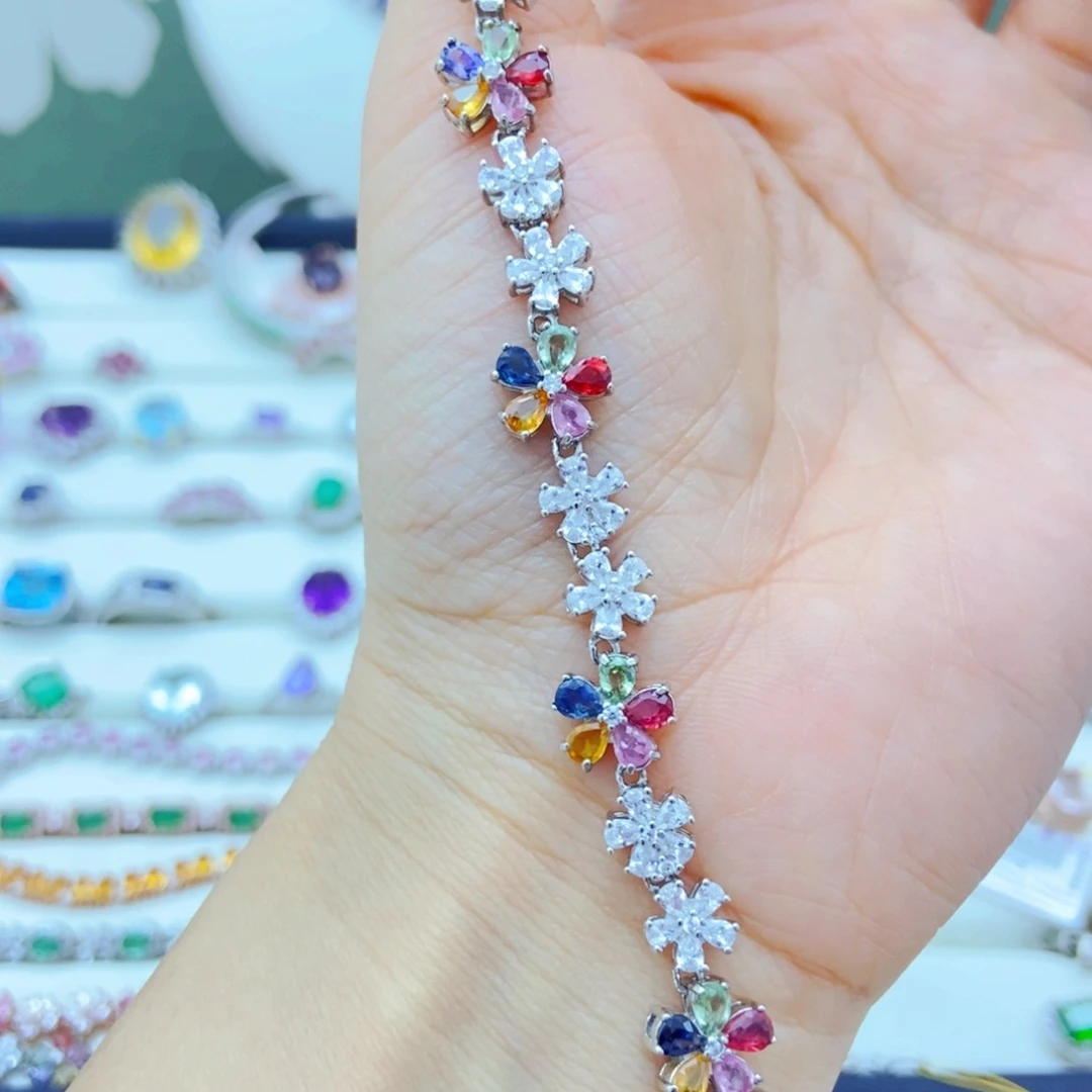 手链彩色蓝宝石银S925镶嵌