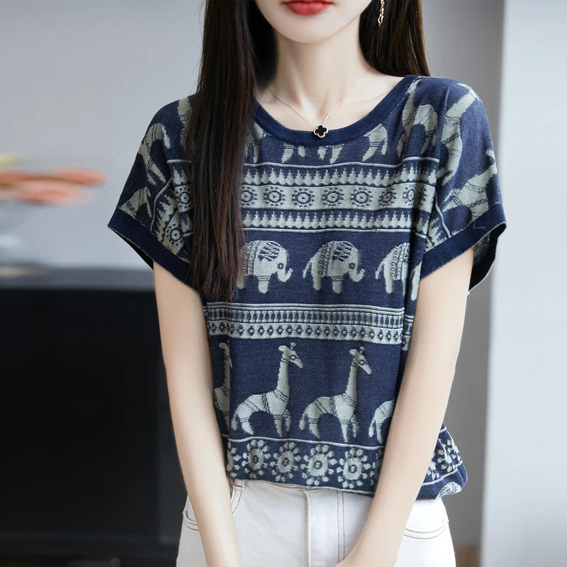 时尚品牌女装夏季新款法式复古小鹿大象时尚针织衫洋气百搭短袖