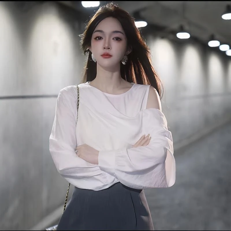 白色露肩长袖衬衫早秋女装2025新款清爽通勤穿搭法式气质女士上衣
