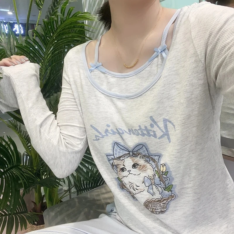 时尚休闲春秋休闲风运动睡衣长袖长裤套装假两件天使猫咪带胸垫