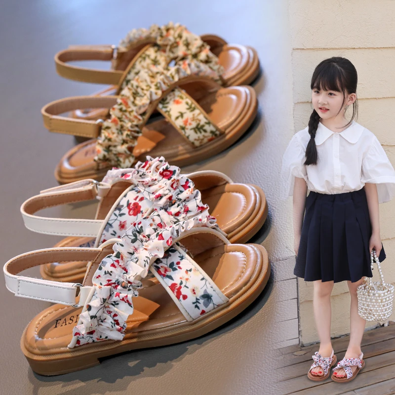 夏季女露趾沙滩鞋刺绣凉鞋学生时尚公主鞋小女孩宝宝鞋子