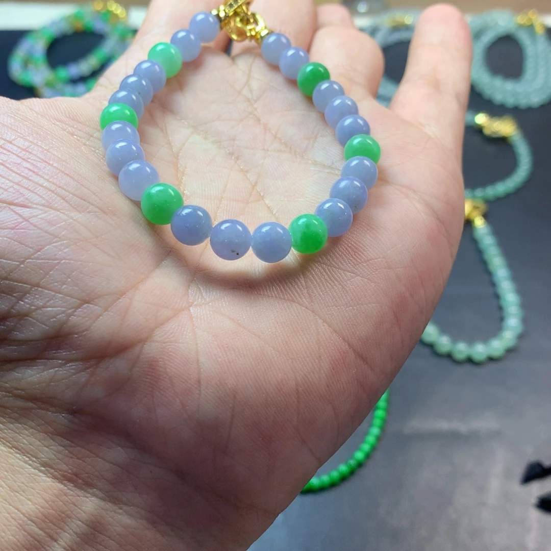 定制翡翠未镶嵌卡7紫罗兰双彩手串