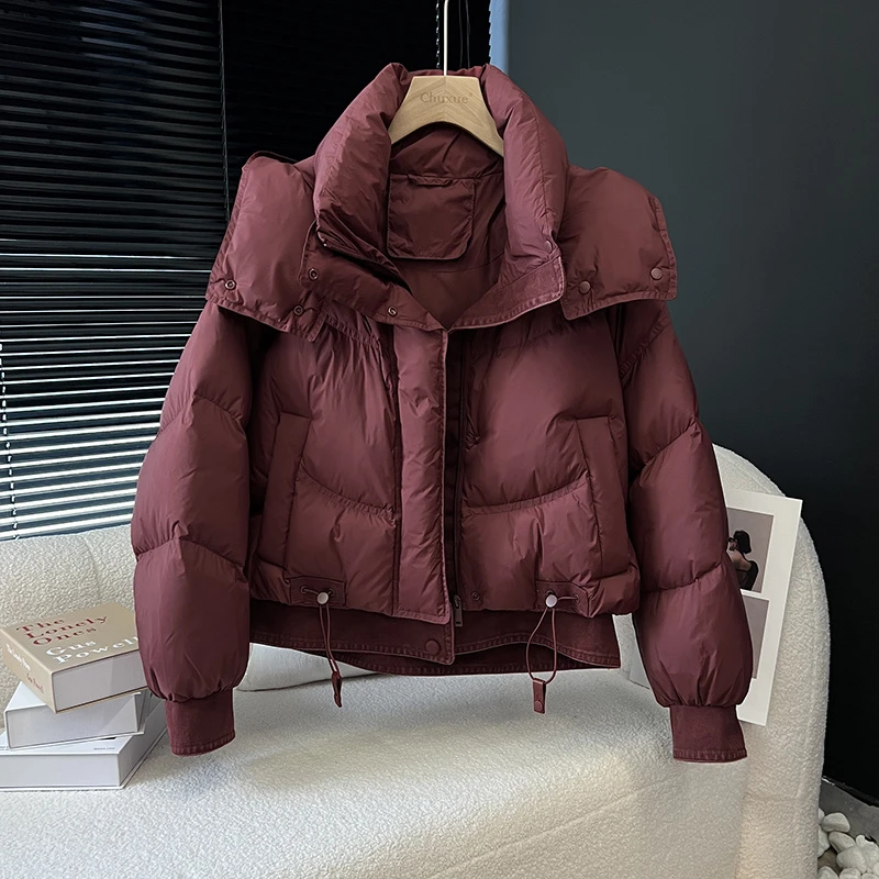 2025年冬季新款棉服女短款加厚连帽别致拼接韩版宽松面包服外套潮