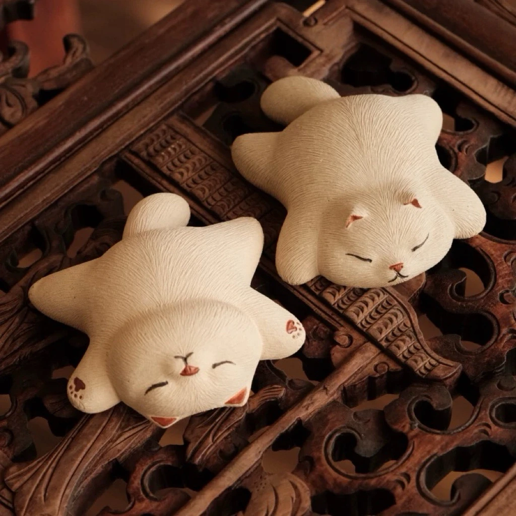 紫砂可爱趴趴猫咪盖置茶宠摆件