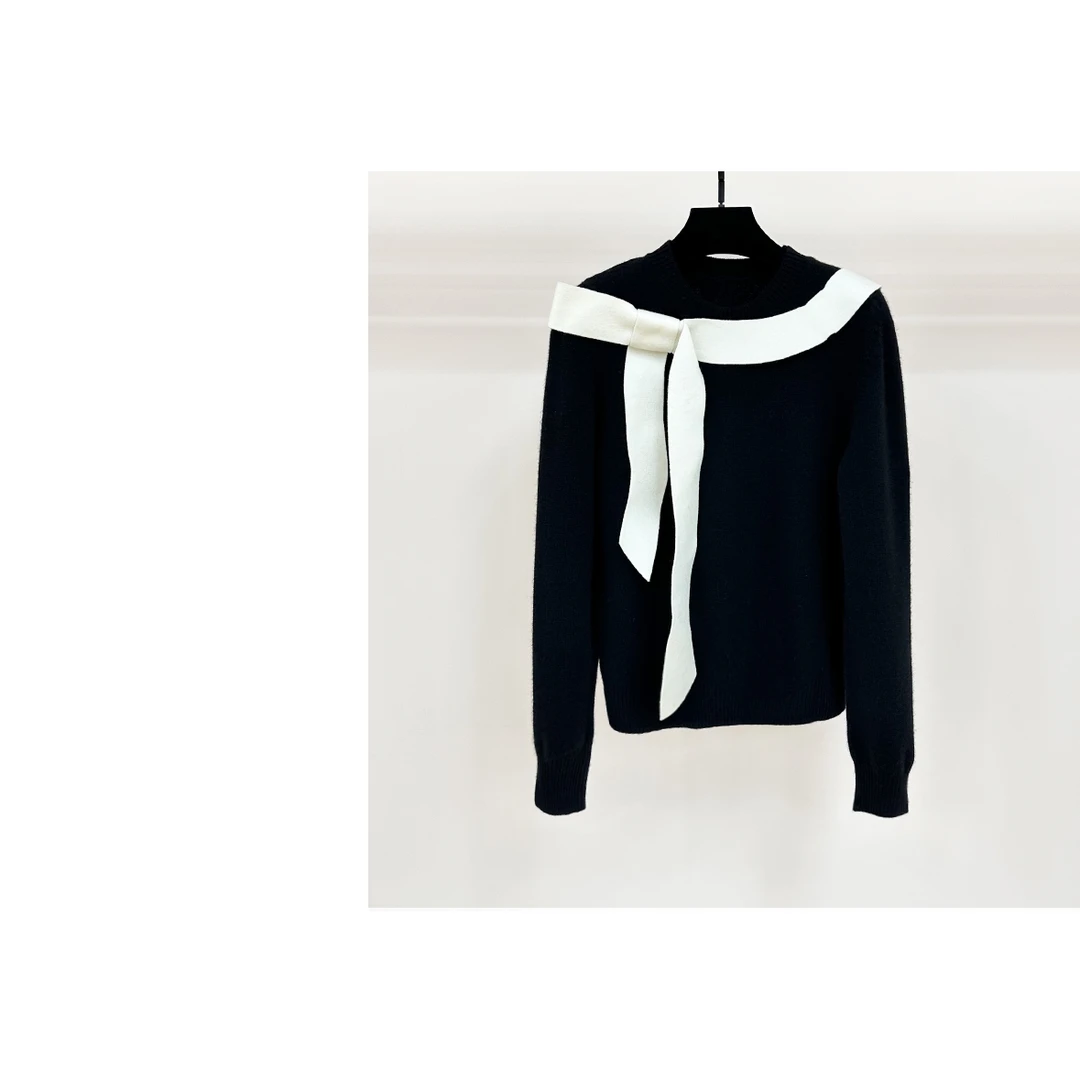 JIAYE CHAN优雅气质黑白拼接蝴蝶结立体感针织毛衣