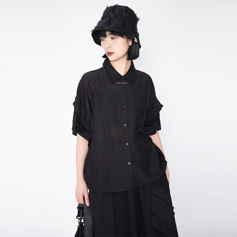 书芮2025年夏季新款天丝捏褶不规则短袖衬衫女宽松休闲百搭上衣女