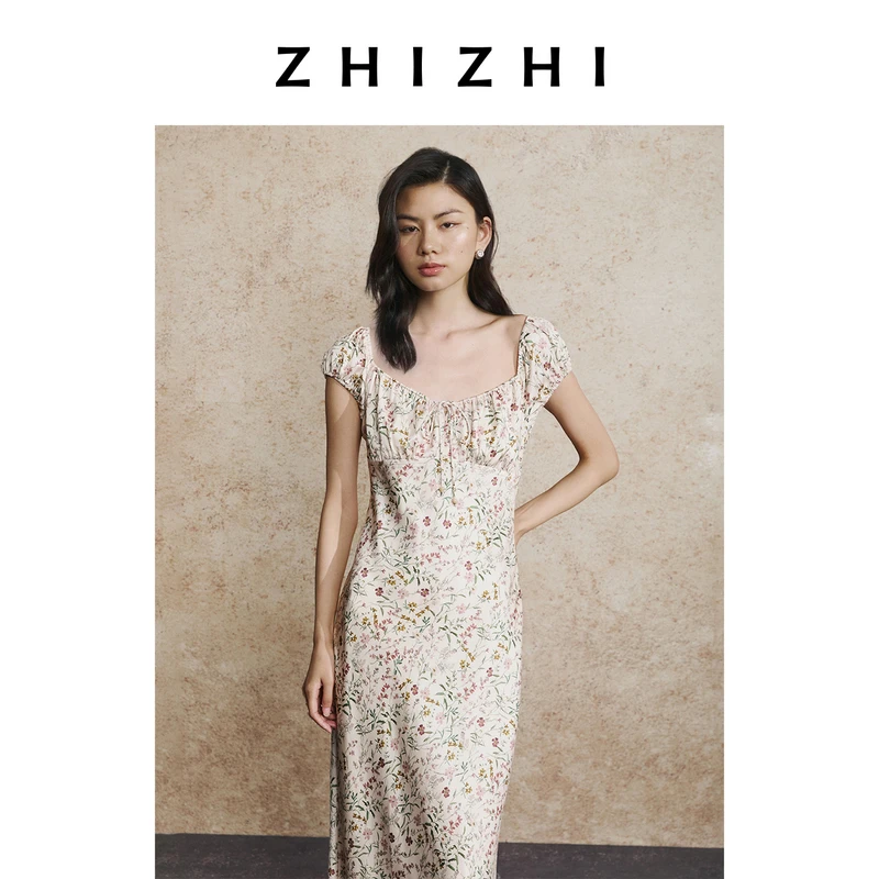 致知 新荷叶 浪漫花卉印花连衣裙25年秋季高腰线剪裁ZZ2EAWLX009