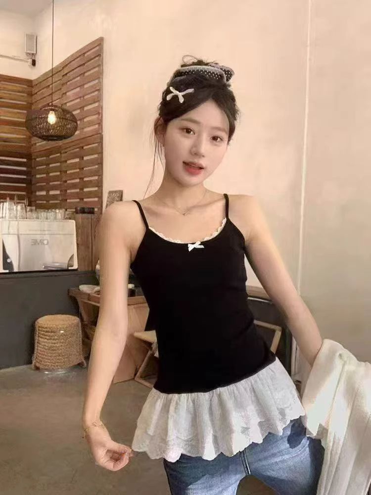 黑色蝴蝶结吊带背心女春季修身内搭叠穿蕾丝花边下摆小上衣