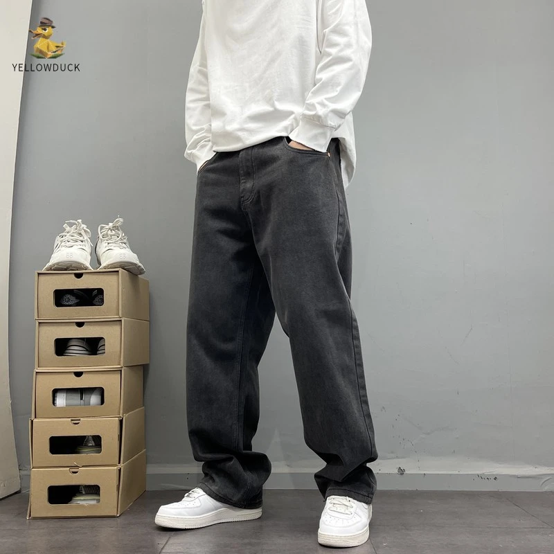 春秋水洗做旧黑灰色牛仔裤男宽松直筒裤欧美简约基础百搭长裤潮流
