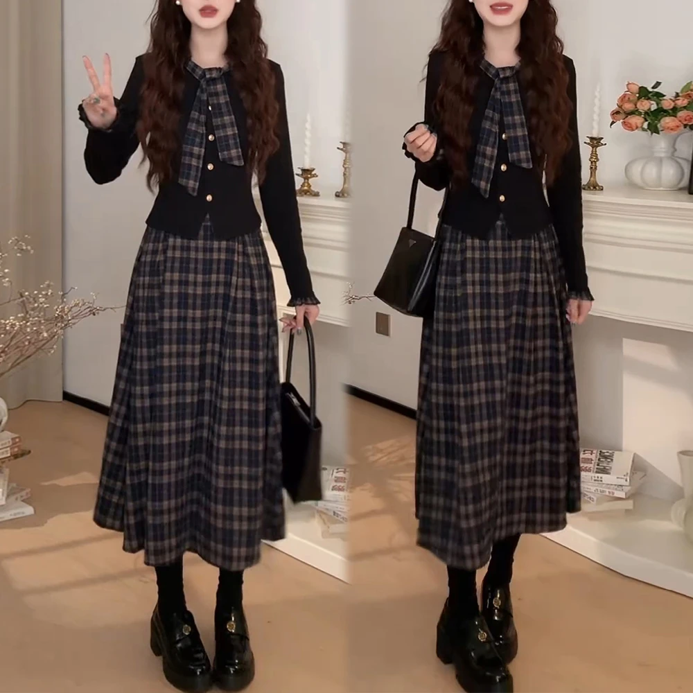 韩系学院风甜美气质套装女2025秋季新款长袖T恤百搭半身裙两件套