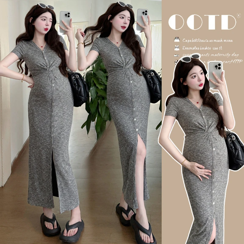 孕妇夏装2025夏季新款时尚洋气气质设计感开叉宽松休闲外穿连衣裙