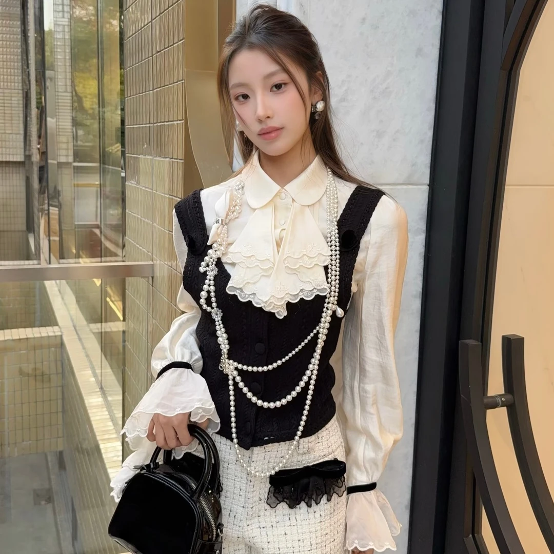 66（留洋大小姐）宫廷风吊带拼接两件式针织衬衫女2025秋冬新款汉服