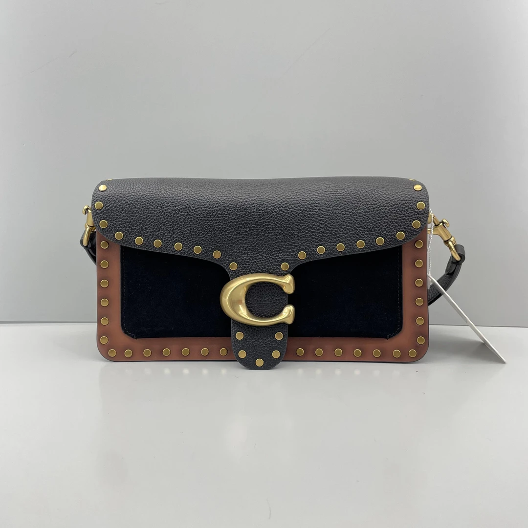 90新 COACH/蔻驰 tabby26黑拼棕铆钉酒神包 26*14*7cmM030601