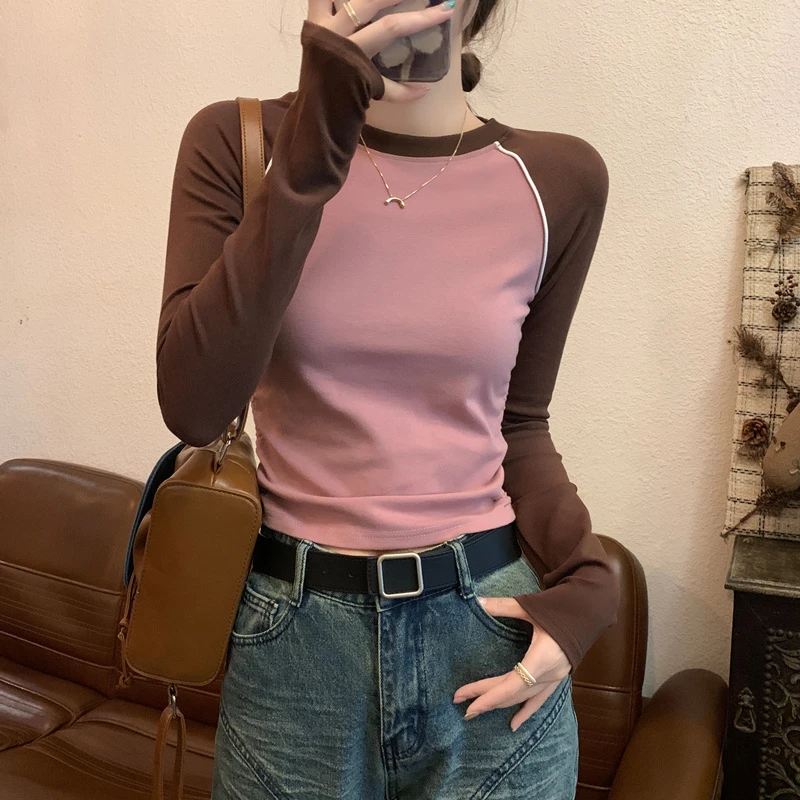 2025春装新款美式复古正肩长袖T恤女修身显瘦拼色内搭打底衫上衣