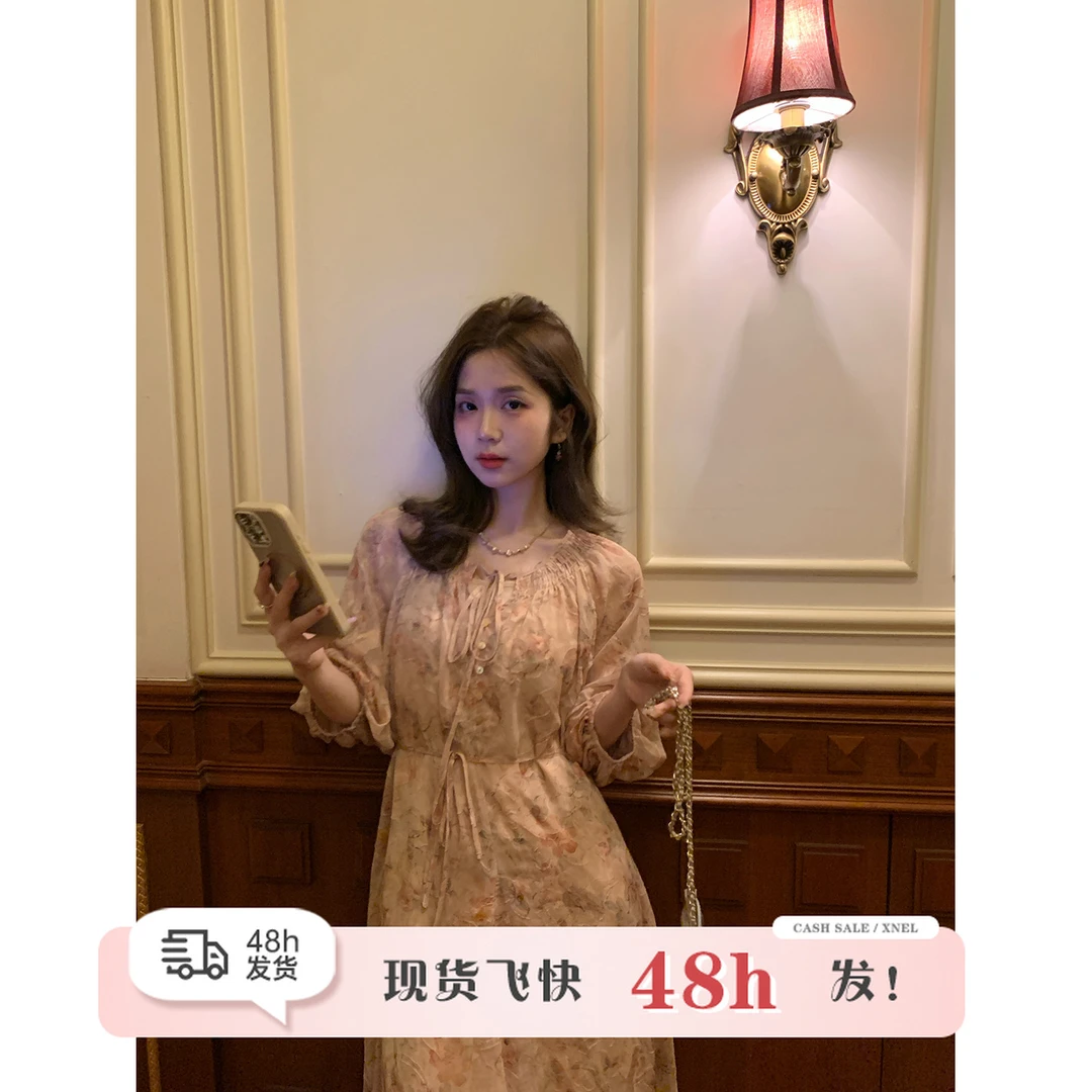 陳文文xenl【莫奈花园】温柔风中袖碎花连衣裙女绑带国风长裙L3988