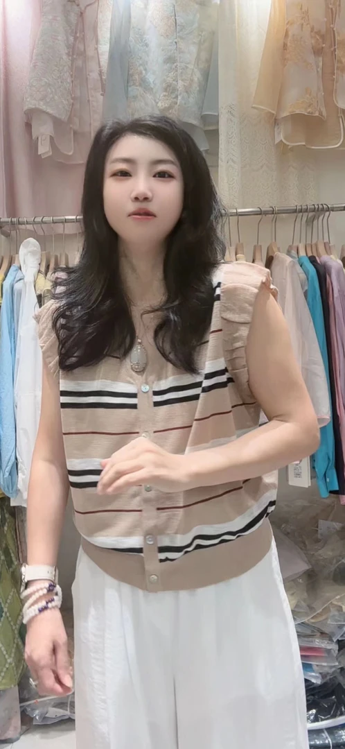 设计感短袖薄款韩版条纹飞飞袖黑白V领无袖毛针织衫上衣显瘦时尚