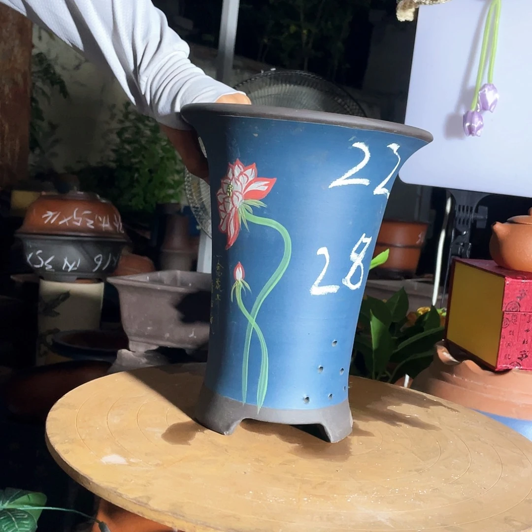 宜兴紫砂花盆一念花开蓝色大