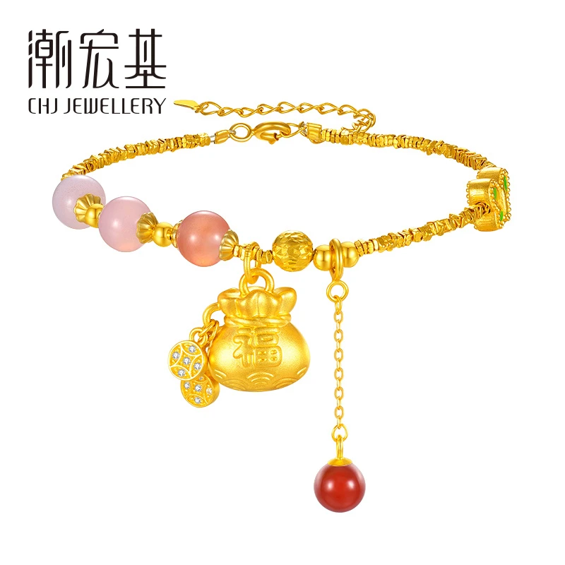 【潮宏基】金彩福运福袋银镀金玛瑙手链# 80149