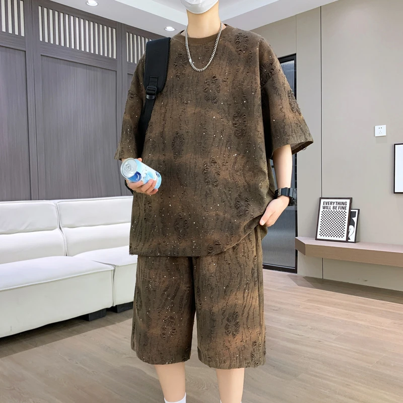 破洞满天星百搭提花休闲运动套装韩系新款潮男短袖短裤搭配一整套