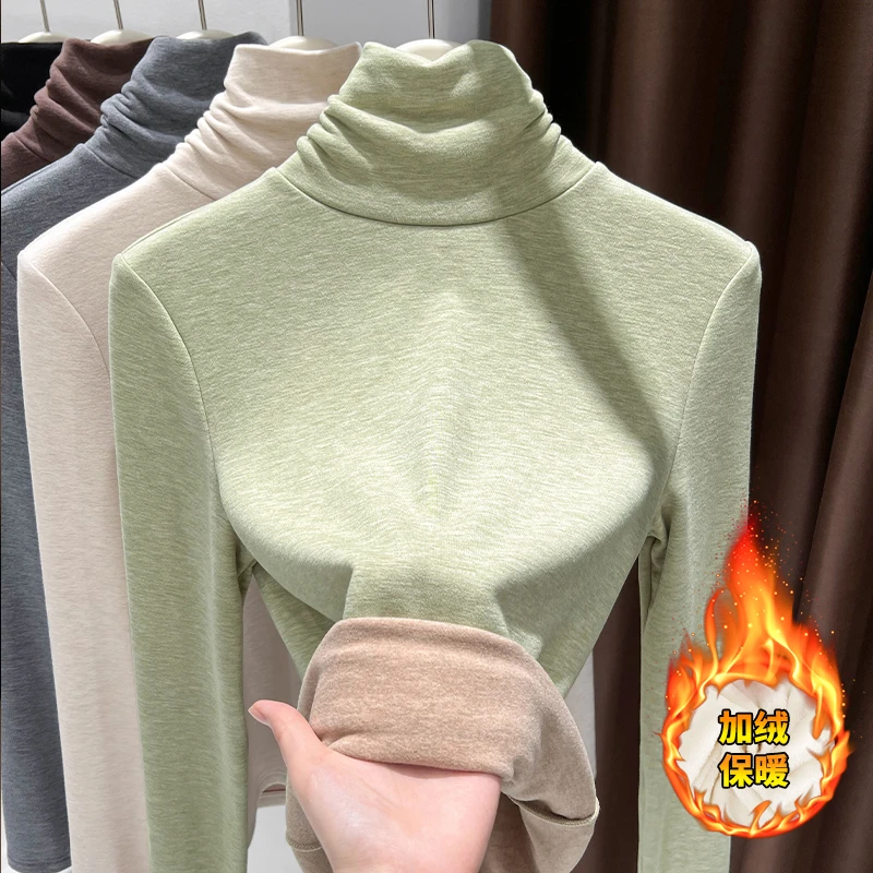 加厚加绒堆堆领内搭保暖打底衫女秋冬季双面德绒修身长袖T恤上衣