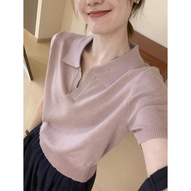 韩系粉色正肩polo衫女冰丝针织短袖t恤夏季小个子短款翻领上衣薄
