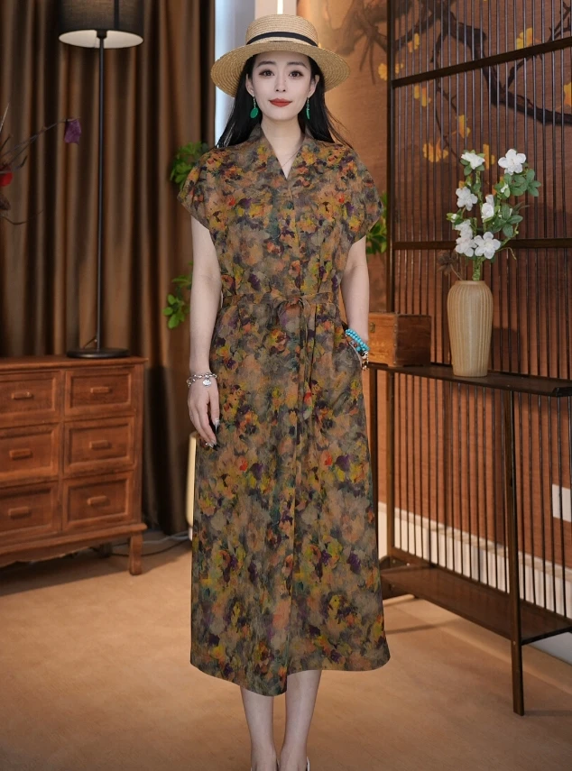 100桑蚕丝红云纱花萝双面穿新中式气质宽松复古中长款连衣裙50217