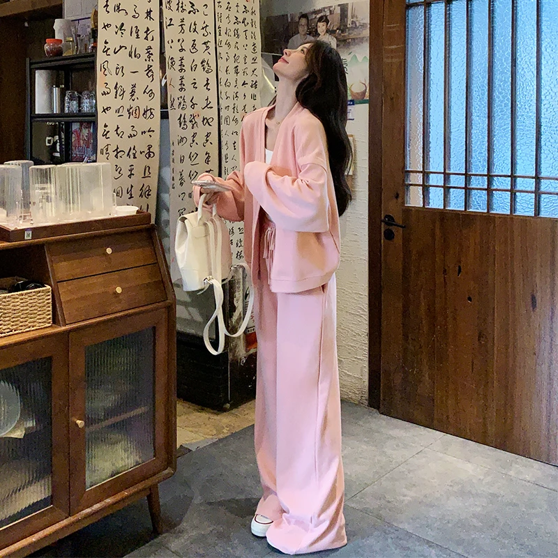 韩系减龄开衫卫衣外套套装女2025春秋季新款显瘦休闲阔腿裤两件套