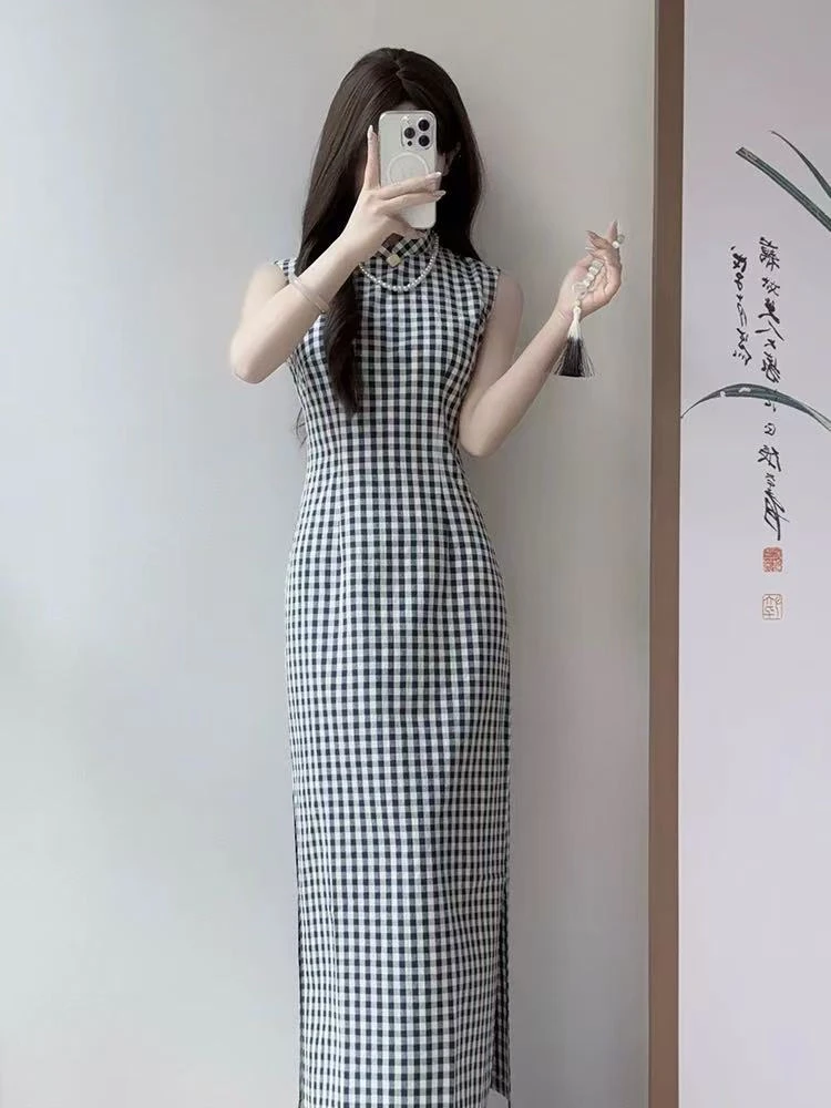 年轻款复古无袖格子『千鸟格』旗袍