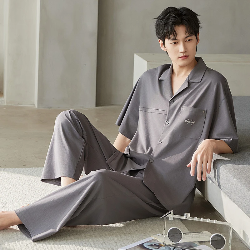 雅鹿睡衣男士夏季纯棉短袖长裤男款高档款夏天凉感舒适家居服套装