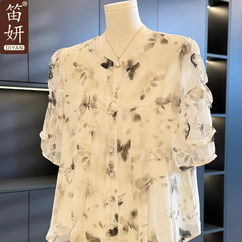 中国风妈妈装雪纺衫女短袖2025年夏装新款上衣气质百搭中老年衬衫