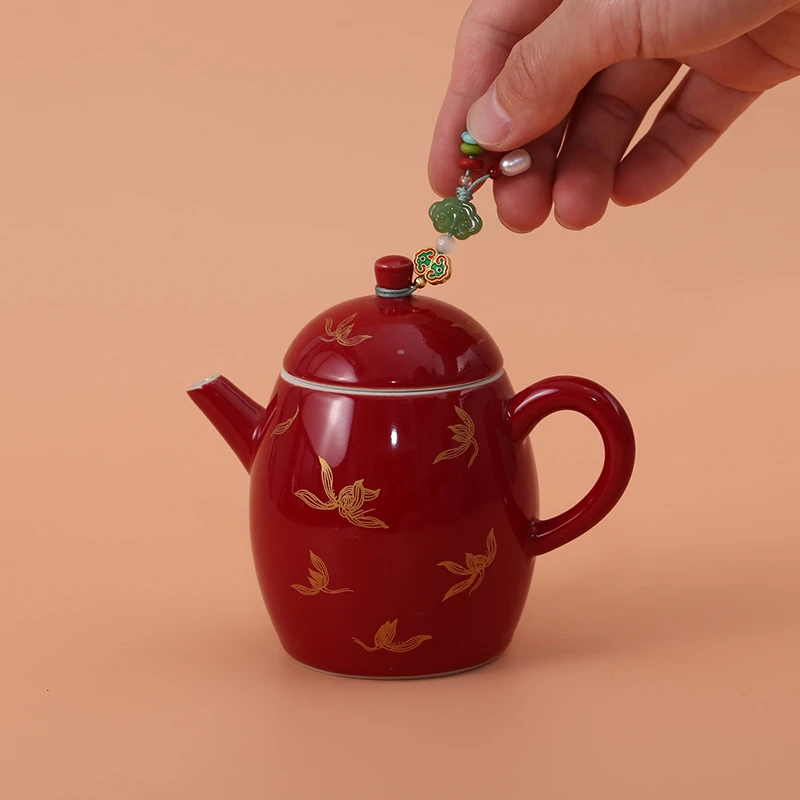 溪棠兰花茶壶红色中式喜庆泡茶壶功夫茶球孔过滤小壶精致单壶茶杯