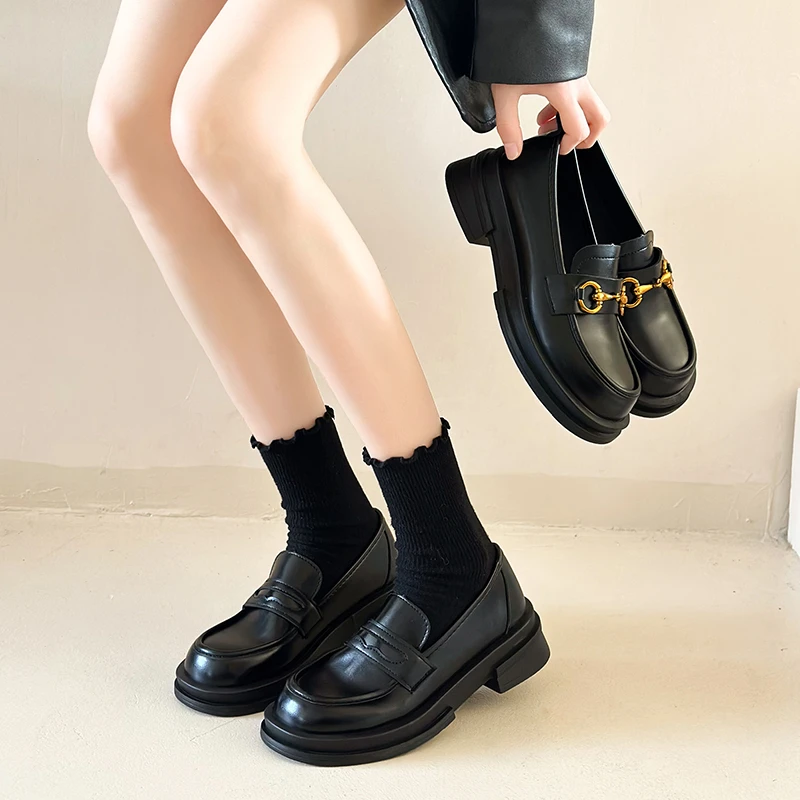 英伦风小皮鞋女2025年春秋新款松糕厚底增高黑色厚底单鞋乐福鞋子