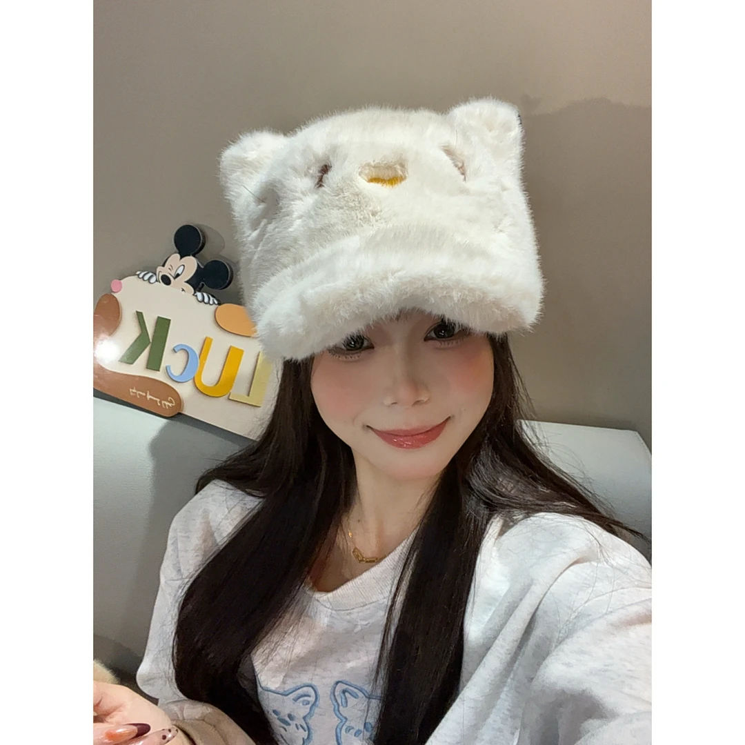 可爱猫咪毛绒鸭舌帽子秋冬季保暖大头围显脸小百搭棒球帽甜酷女生