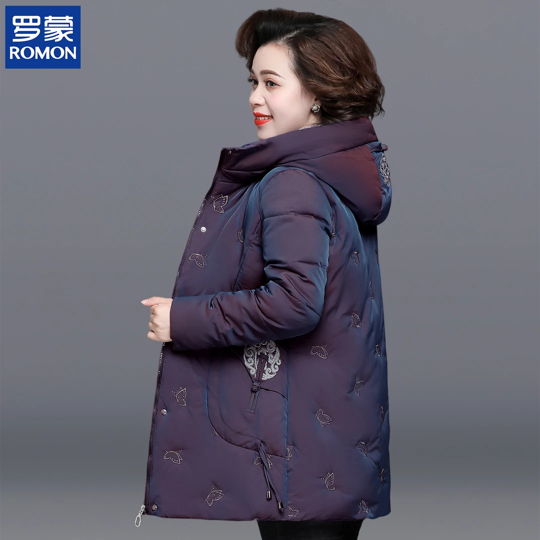 罗蒙妈妈冬装加厚保暖棉服新款中老年人女新款连帽中长款棉衣棉袄